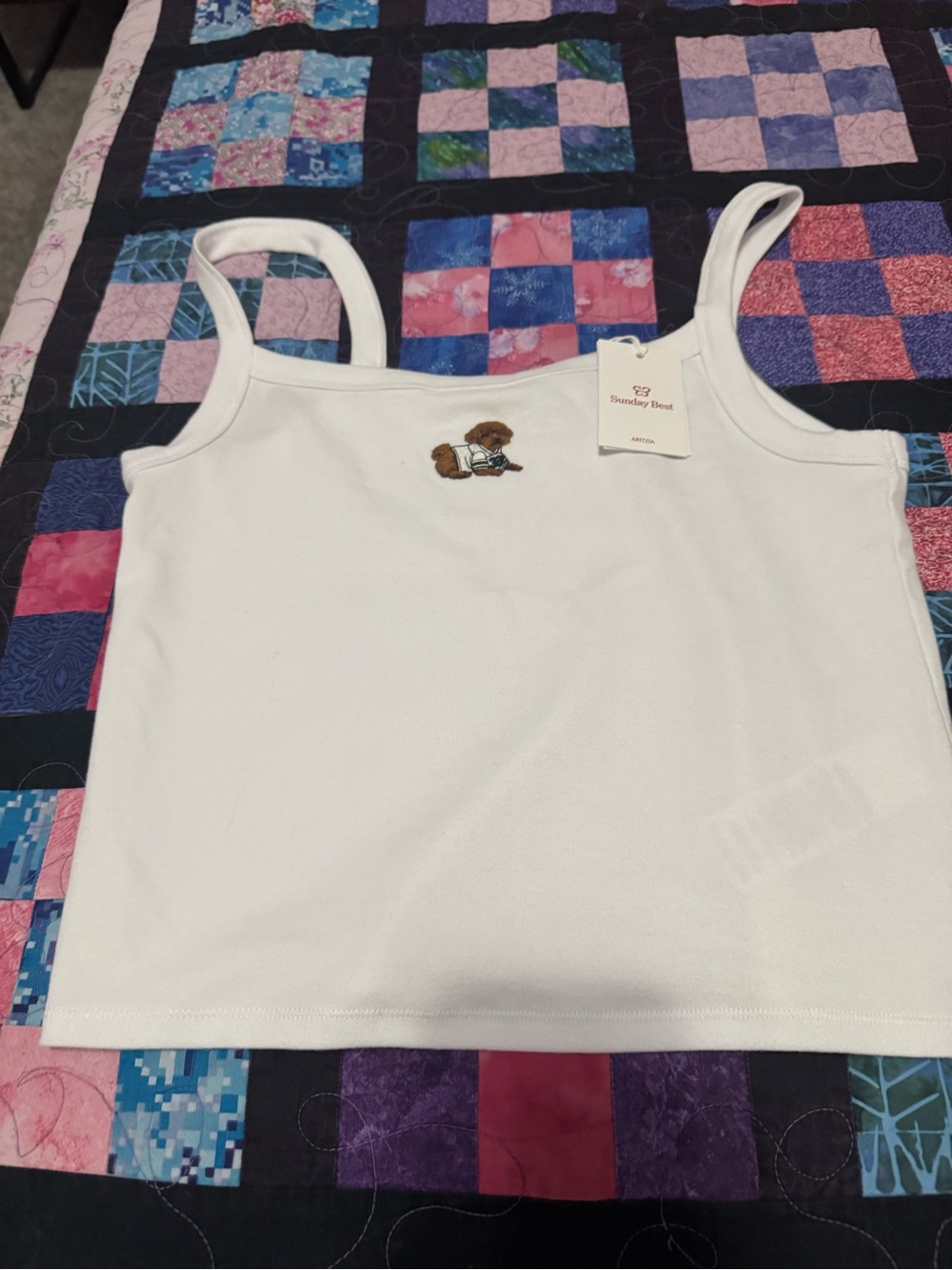 Women’s Sunday Best White Tank Top with Puppy Embroidery